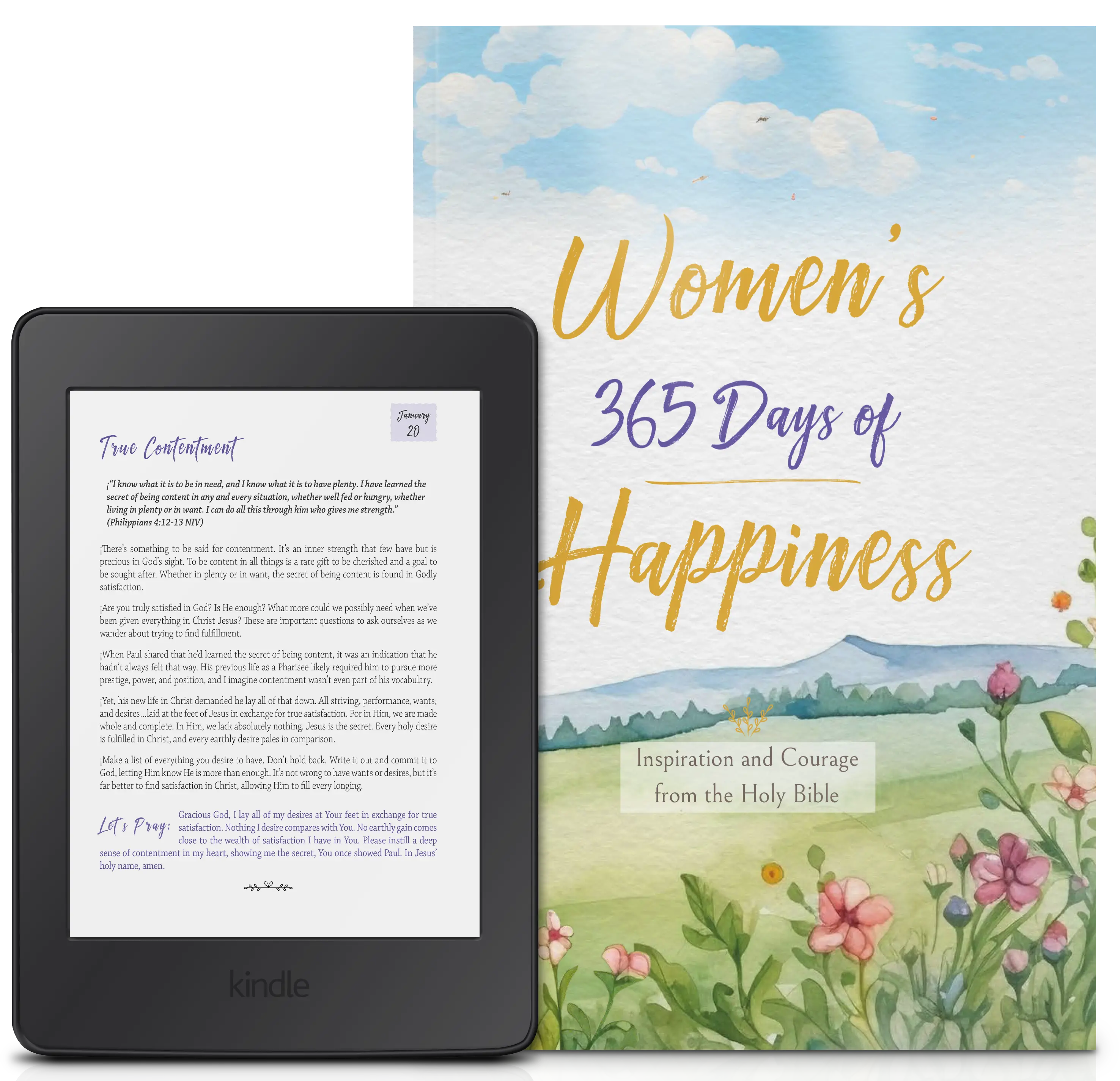 A look inside the devotional on a tablet and the printed book